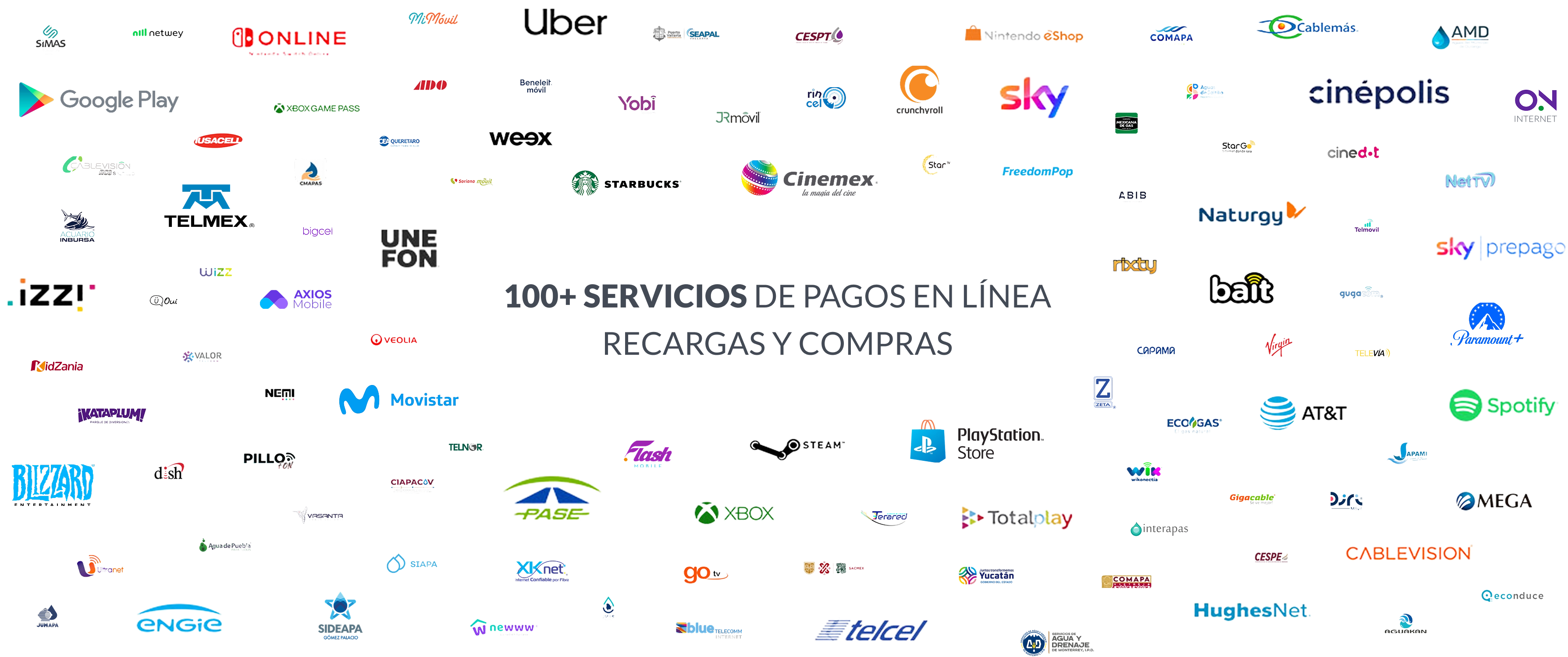 100+ servicios de pagos en línea, recargas y compras